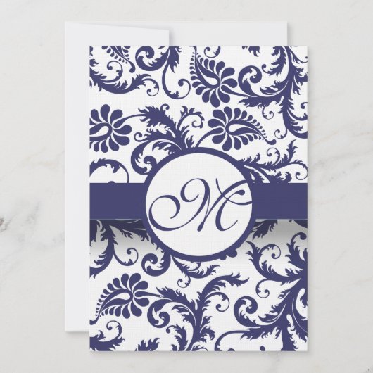 Navy Damask Swirls Wedding Invitation op Linen Kaart (Voorkant)