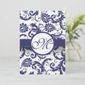 Navy Damask Swirls Wedding Invitation op Linen Kaart (Staand voorkant)