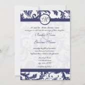Navy Damask Swirls Wedding Invitation op Linen Kaart (Achterkant)