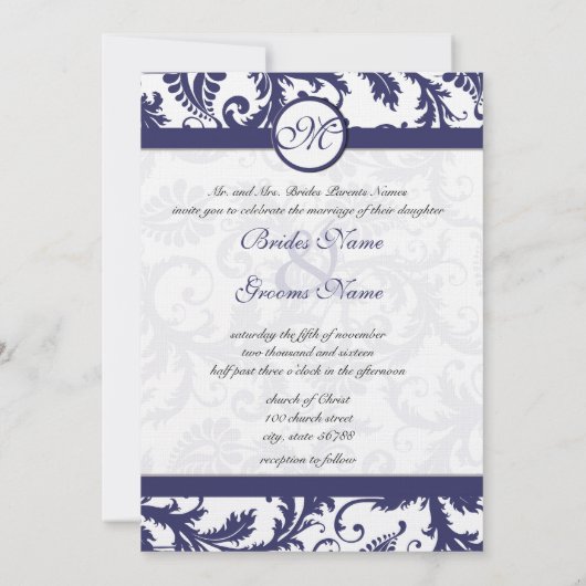 Navy Damask Swirls Wedding Invitation op Linen Kaart (Achterkant)