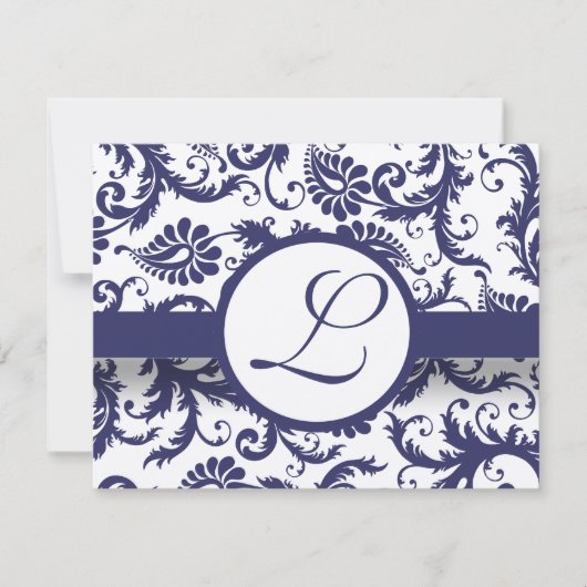 Navy Damask Swirls Wedding Reception Card Kaart (Voorkant)