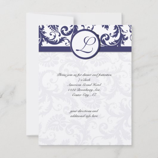 Navy Damask Swirls Wedding Reception Card Kaart (Achterkant)