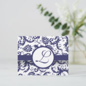 Navy Damask Swirls Wedding Reception Card Kaart (Staand voorkant)