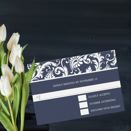Navy Damask Swirls Wedding Response Card RSVP Kaartje