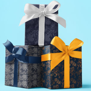 Navy Damast Blauw Patroon Inpakpapier Vel