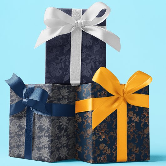 Navy  Damast Blauw Patroon Inpakpapier Vel