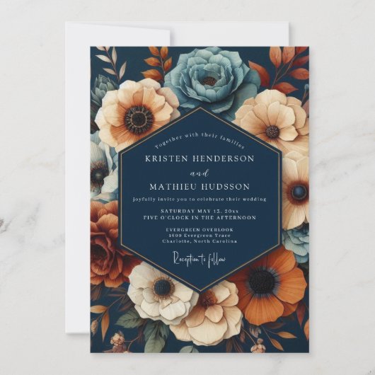 Navy Deep Floral Opulent Wedding Kaart (Voorkant)
