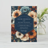 Navy Deep Floral Opulent Wedding Kaart (Staand voorkant)