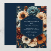 Navy Deep Floral Opulent Wedding Kaart (Voorkant / Achterkant)
