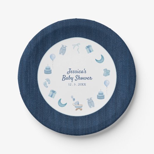 Navy Denim Blue Jean Baby shower Papieren Bordje (Voorkant)