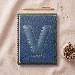 Navy Denim Gele Steek Nep Leer V Initiaal Notitieboek
