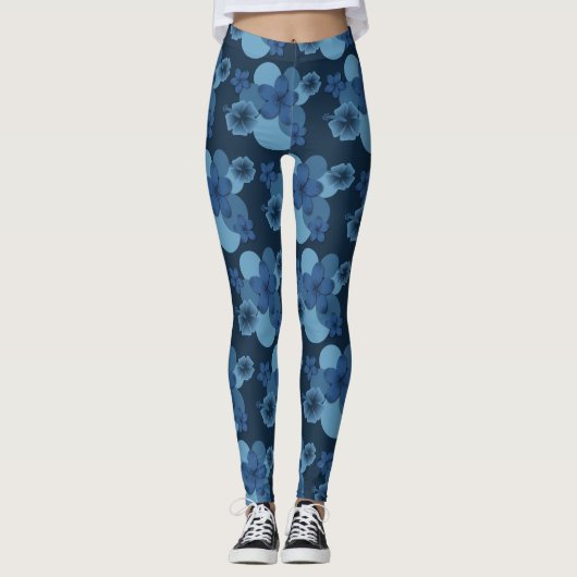 Navy Denim Tropical Flower Print Leggings (Voorkant)