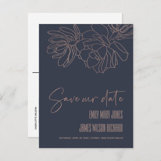 NAVY DESERT CACTI SUCCULENT SKETCH BEWAREN DE DATU AANKONDIGINGSKAART (Voorkant / Achterkant)