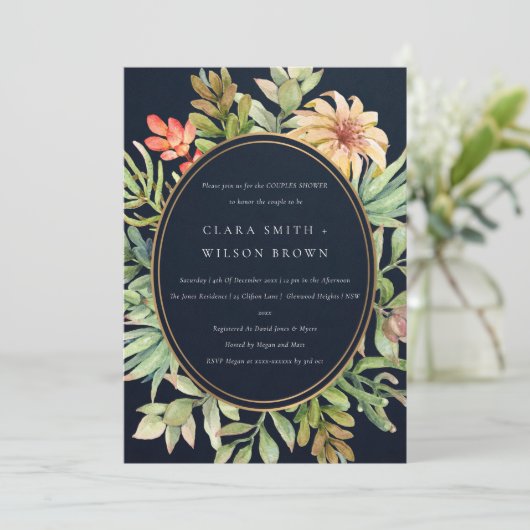 NAVY DESERT SUCCULENT CACTI FOLIAGE COUPLE SHOWER KAART (Staand voorkant)