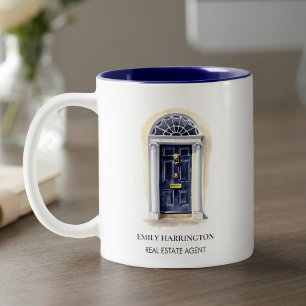 Navy Deur Watercolor Logo Makelaar Tweekleurige Koffiemok