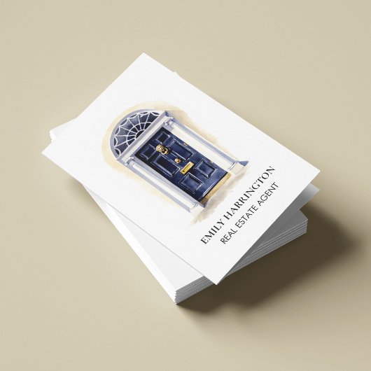 Navy Deur Watercolor QR Code Makelaar Visitekaartje