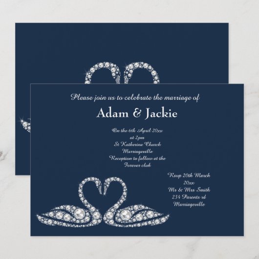 Navy Diamond SWAN ELEGANT WEDDING Kaart (Voorkant / Achterkant)