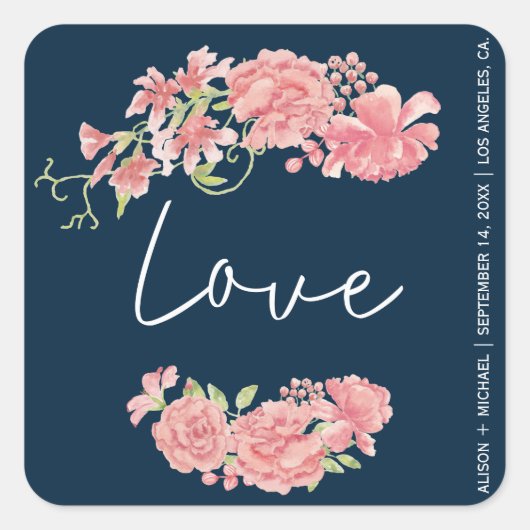 Navy donkerblauw roze pioenen bruiloft liefde scri vierkante sticker (Voorkant)