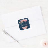 Navy donkerblauw roze pioenen bruiloft liefde scri vierkante sticker (Envelop)