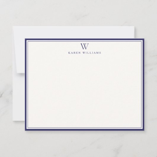 Navy Double Border Monogram Off-White Note Card Kaart (Voorkant)