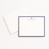 Navy Double Border Monogram Off-White Note Card Kaart
