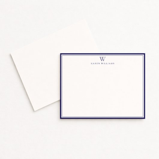 Navy Double Border Monogram Off-White Note Card Kaart