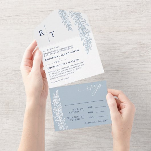 Navy & Dove Blue Greenery Monogrammed Wedding All In One Uitnodiging (Afscheurbaar)