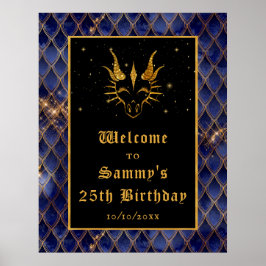 Navy Dragon Scales Gouden Verjaardagsfeest Welkom Poster
