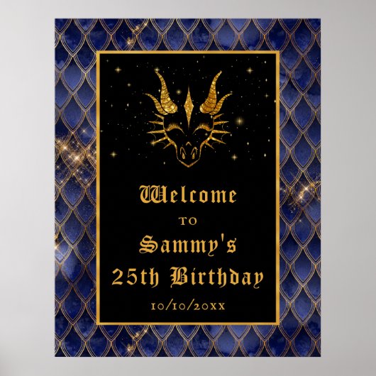 Navy Dragon Scales Gouden Verjaardagsfeest Welkom Poster (Voorkant)
