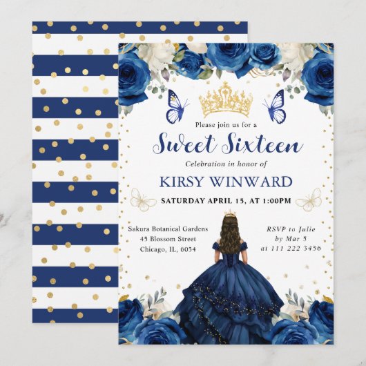 Navy Dress Brunette Princess Sweet 16 Uitnodiging (Voorkant / Achterkant)