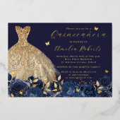 Navy Dress Gouden Vlinder Bloemen Folie Uitnodiging (Voorkant)