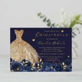 Navy Dress Gouden Vlinder Bloemen Folie Uitnodiging (Staand Voorkant)