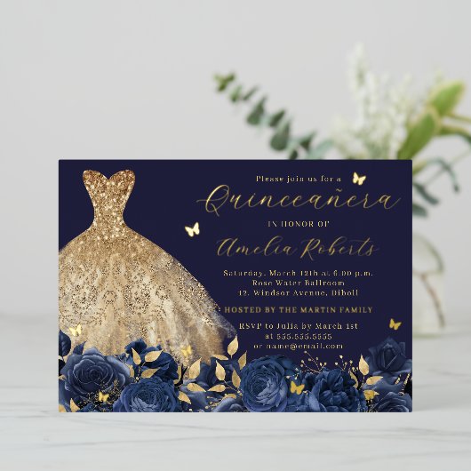 Navy Dress Gouden Vlinder Bloemen Folie Uitnodiging (Staand Voorkant)