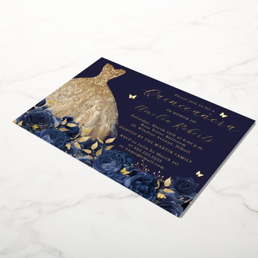 Navy Dress Gouden Vlinder Bloemen Folie Uitnodiging (Gedraaid)