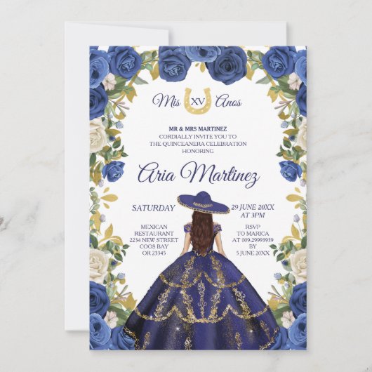 Navy Dress & Rozen Mexican Girl Mis Quince 2 Kaart (Voorkant)