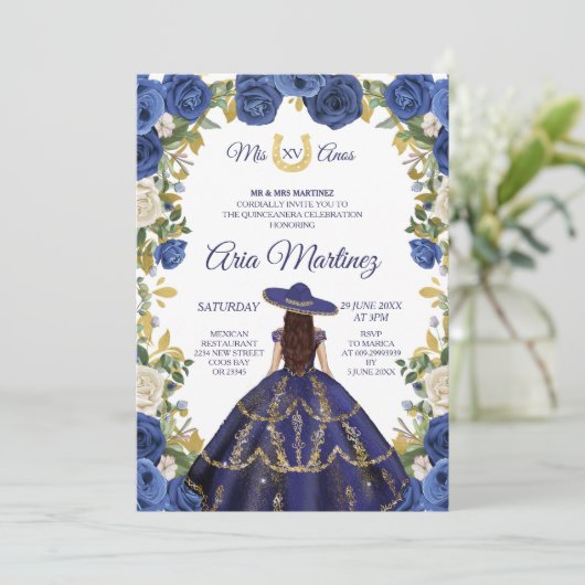 Navy Dress & Rozen Mexican Girl Mis Quince 2 Kaart (Staand voorkant)