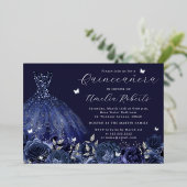 Navy Dress Zilveren Vlinder Bloemen Folie Uitnodiging (Staand Voorkant)
