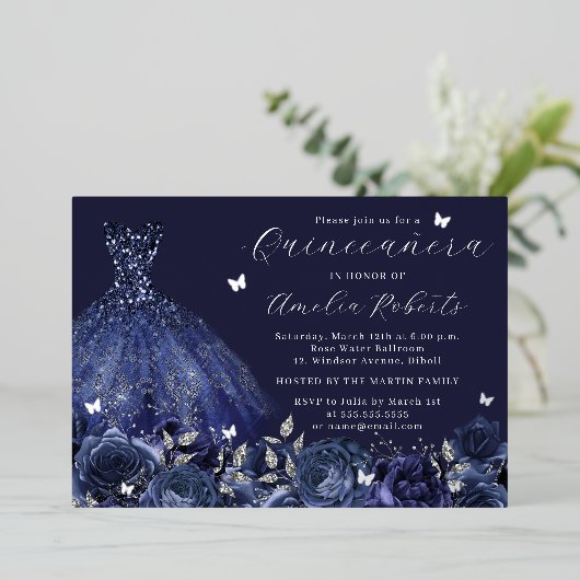Navy Dress Zilveren Vlinder Bloemen Folie Uitnodiging (Staand Voorkant)