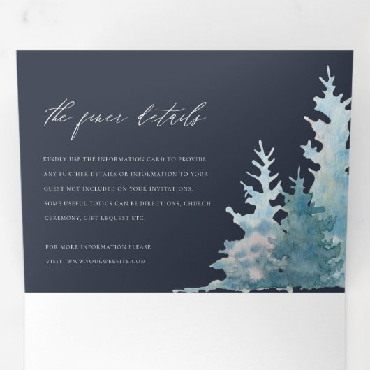 NAVY DUSKY BLUE MOUNTAINS PINE WATERVERF WEDDING DRIELUIK UITNODIGING (Binnenzijde eerst)