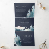 NAVY DUSKY BLUE MOUNTAINS PINE WATERVERF WEDDING DRIELUIK UITNODIGING (Binnen)
