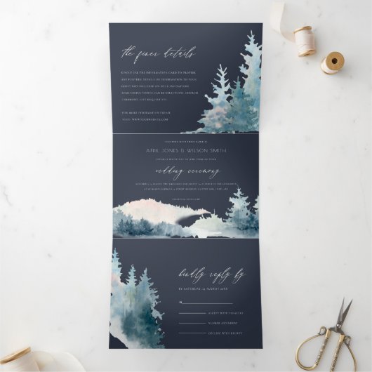 NAVY DUSKY BLUE MOUNTAINS PINE WATERVERF WEDDING DRIELUIK UITNODIGING (Binnen)