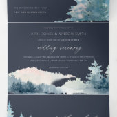 NAVY DUSKY BLUE MOUNTAINS PINE WATERVERF WEDDING DRIELUIK UITNODIGING (Binnenkant midden)