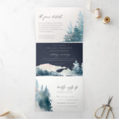NAVY DUSKY BLUE MOUNTAINS PINE WATERVERF WEDDING DRIELUIK UITNODIGING (Binnen)