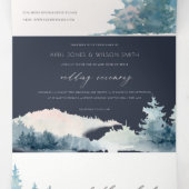 NAVY DUSKY BLUE MOUNTAINS PINE WATERVERF WEDDING DRIELUIK UITNODIGING (Binnenkant midden)