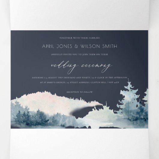 NAVY DUSKY BLUE MOUNTAINS PINE WATERVERF WEDDING DRIELUIK UITNODIGING (Binnenkant midden)