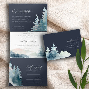 NAVY DUSKY BLUE MOUNTAINS PINE WATERVERF WEDDING DRIELUIK UITNODIGING