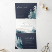 NAVY DUSKY BLUE MOUNTAINS PINE WATERVERF WEDDING DRIELUIK UITNODIGING (Binnen)