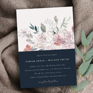 Navy Dusky Blush Waterverf Bloemen Bruiloft Kaart