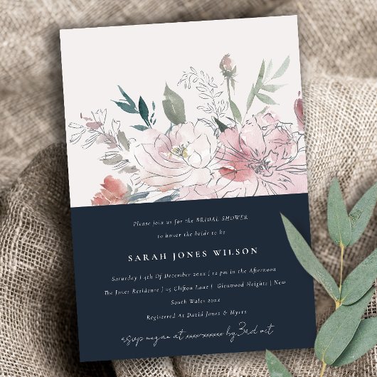 Navy Dusky Blush Waterverf Bloemen Vrijgezellenfee Kaart