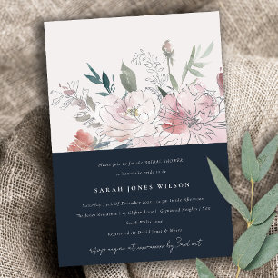 Navy Dusky Blush Waterverf Bloemen Vrijgezellenfee Kaart